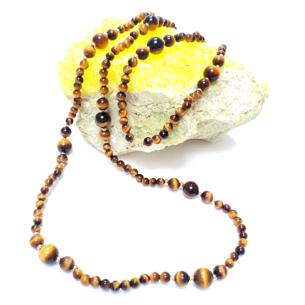 14k Yellow Gold Bead Tiger Eye Beaded Necklace Vintage Estate 33.5" L